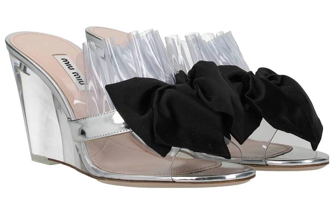 (W) MIU MIU Leather Round-Toe Slide Sandals 'Silver' 圖 3