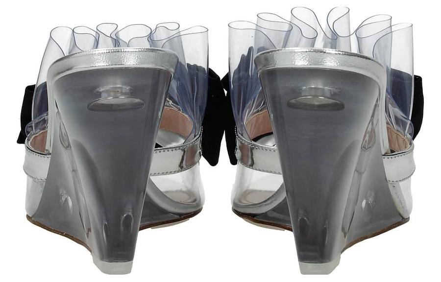 (W) MIU MIU Leather Round-Toe Slide Sandals 'Silver' 圖 4