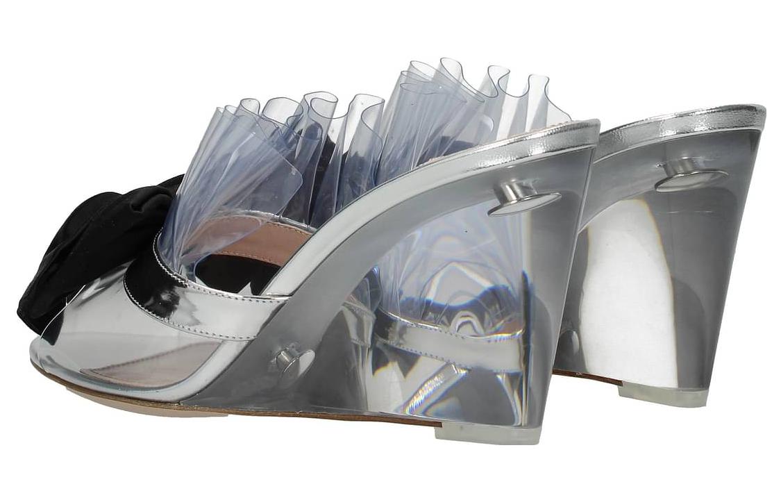 (W) MIU MIU Leather Round-Toe Slide Sandals 'Silver' 圖 5