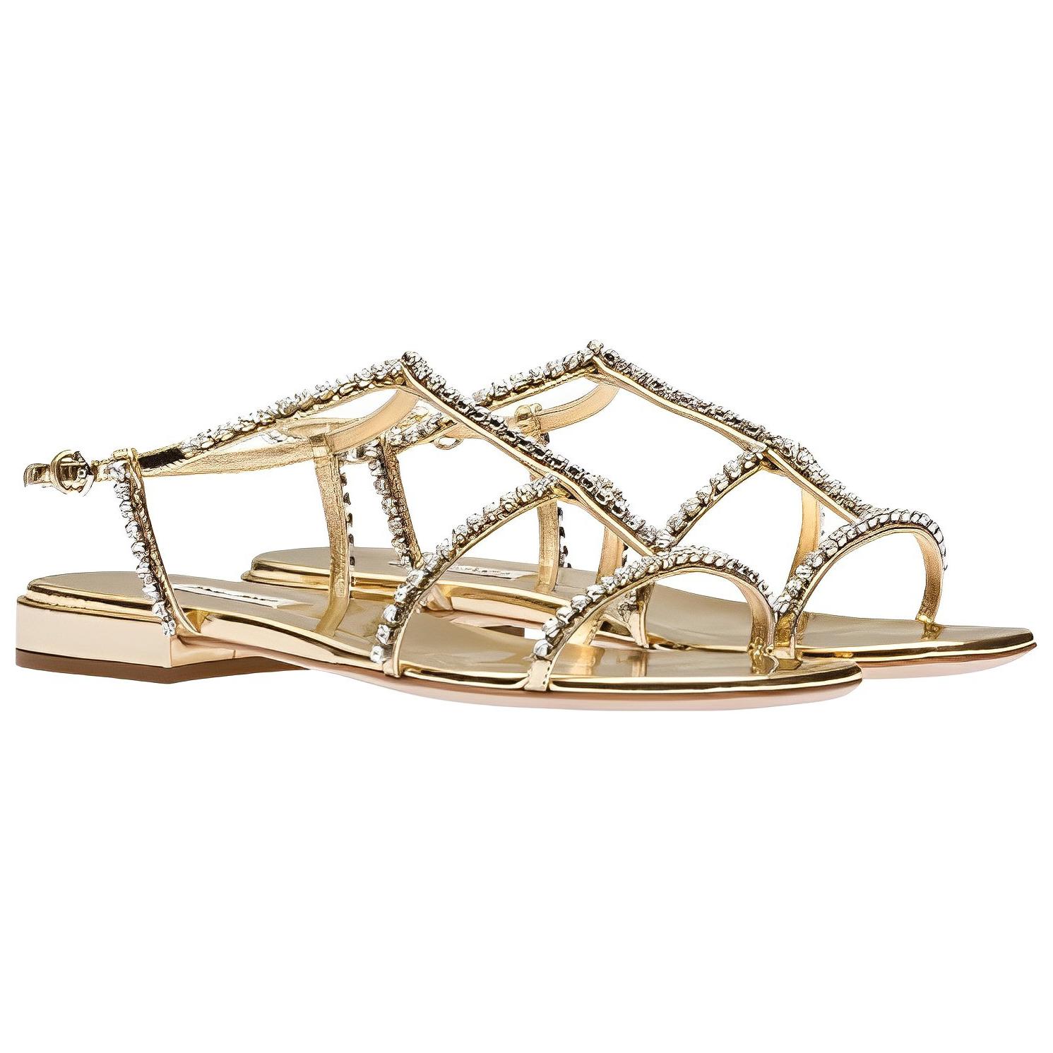 (W) MIU MIU Leather Sandals with Synthetic Crystals 'Gold' 圖 3