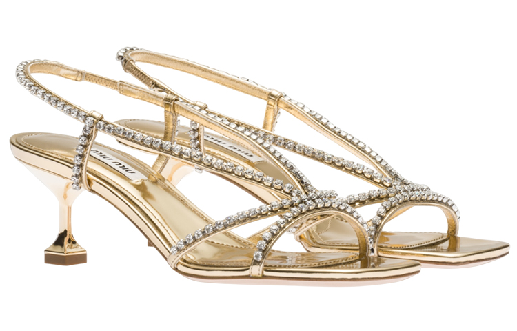(W) MIU MIU Leather Sandals with Synthetic Crystals 'Gold' 圖 3