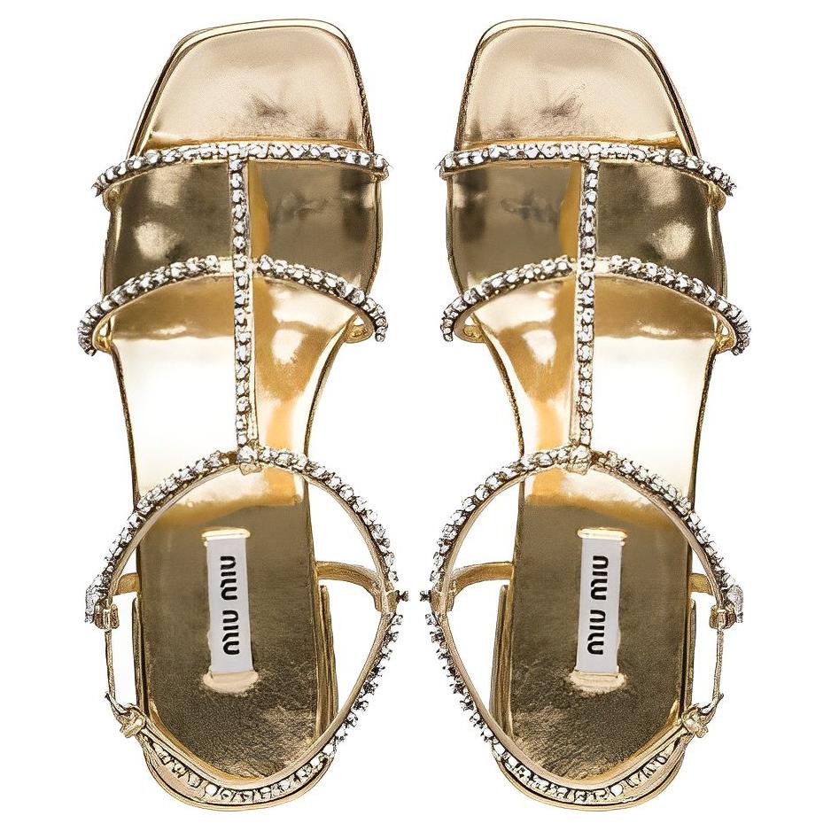 (W) MIU MIU Leather Sandals with Synthetic Crystals 'Gold' 圖 4