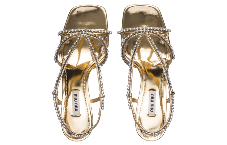 (W) MIU MIU Leather Sandals with Synthetic Crystals 'Gold' 圖 4