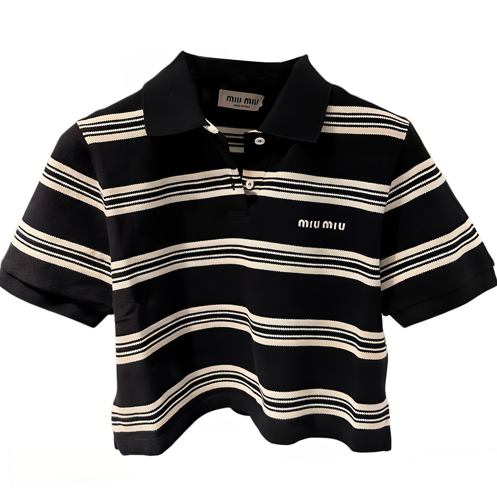 (Women) MIU MIU Letter Logo Striped Short Sleeve Polo Shirt for Women - Multicolor. MJN547-146U-F069Q