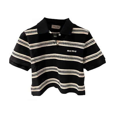 (Women) MIU MIU Letter Logo Striped Short Sleeve Polo Shirt for Women - Multicolor. MJN547-146U-F069Q