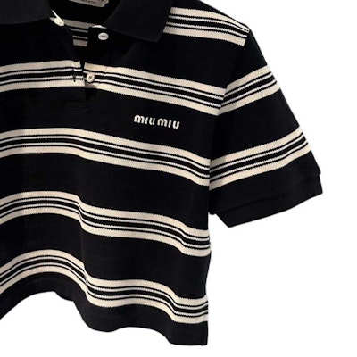 (Women) MIU MIU Letter Logo Striped Short Sleeve Polo Shirt for Women - Multicolor. MJN547-146U-F069Q Purchase (Women) MIU MIU Letter Logo Striped Short Sleeve Polo Shirt for Women - Multicolor. MJN547-146U-F069Q