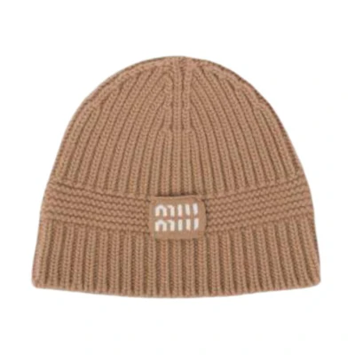 (Women) MIU MIU Letter Pattern Brown Cashmere Knit Beanie. 5HC3112F8SF0040