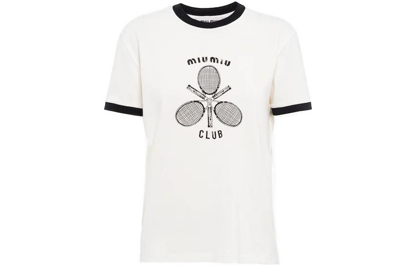 (Women) MIU MIU Letter Print Contrast Crew Neck T-Shirt White  FW22. MJN416-115I-F0304