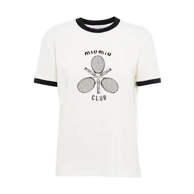 (Women) MIU MIU Letter Print Contrast Crew Neck T-Shirt White FW22. MJN416-115I-F0304