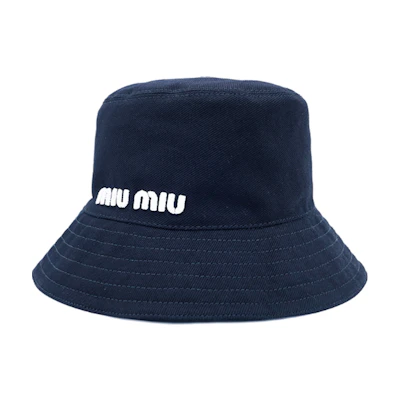 (Women) MIU MIU Letter Print Cotton Bucket Hat Women’s - Dark Blue 5HC196-2DXI-F022X