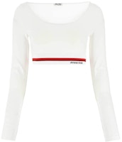 (Women) MIU MIU Logo Casual Crewneck Pullover Cropped Sweatshirt - White MJL766-1ZFU-F0009 (Women) MIU MIU Logo Casual Crewneck Pullover Cropped Sweatshirt - White MJL766-1ZFU-F0009