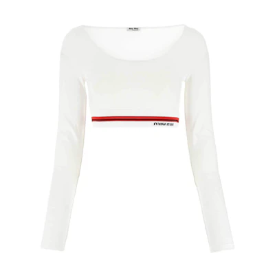 (Women) MIU MIU Logo Casual Crewneck Pullover Cropped Sweatshirt - White MJL766-1ZFU-F0009