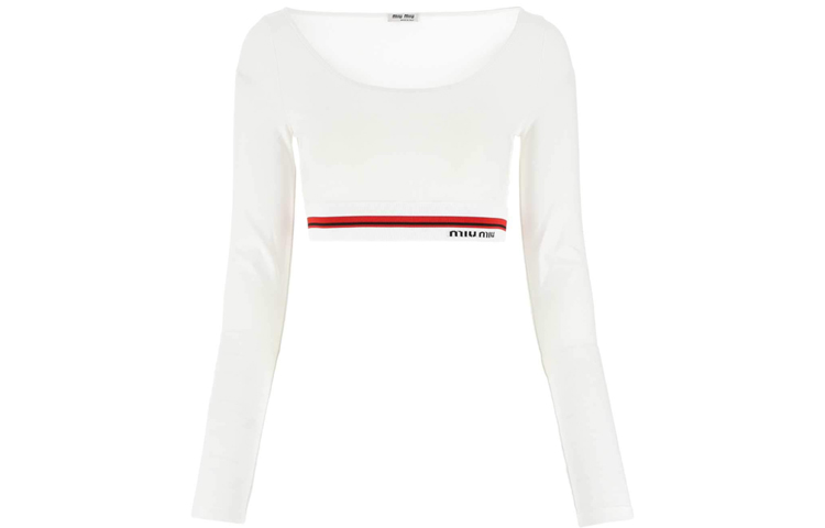 Order (Women) MIU MIU Logo Casual Crewneck Pullover Cropped Sweatshirt - White MJL766-1ZFU-F0009