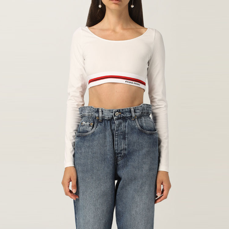 Lookbook (Women) MIU MIU Logo Casual Crewneck Pullover Cropped Sweatshirt - White MJL766-1ZFU-F0009