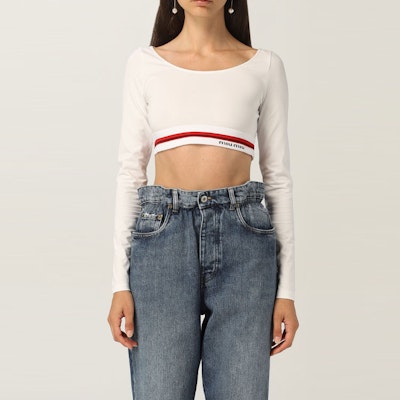 (Women) MIU MIU Logo Casual Crewneck Pullover Cropped Sweatshirt - White MJL766-1ZFU-F0009 Lookbook (Women) MIU MIU Logo Casual Crewneck Pullover Cropped Sweatshirt - White MJL766-1ZFU-F0009
