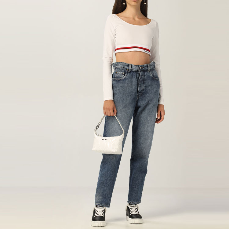 Shop (Women) MIU MIU Logo Casual Crewneck Pullover Cropped Sweatshirt - White MJL766-1ZFU-F0009