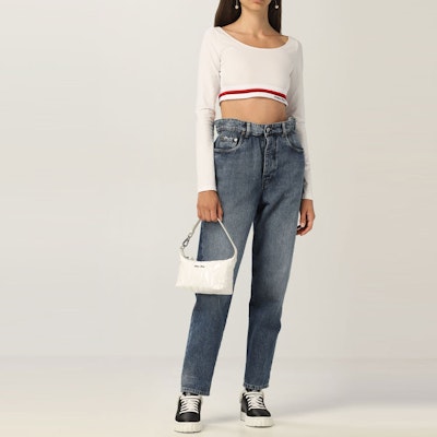 (Women) MIU MIU Logo Casual Crewneck Pullover Cropped Sweatshirt - White MJL766-1ZFU-F0009 Shop (Women) MIU MIU Logo Casual Crewneck Pullover Cropped Sweatshirt - White MJL766-1ZFU-F0009