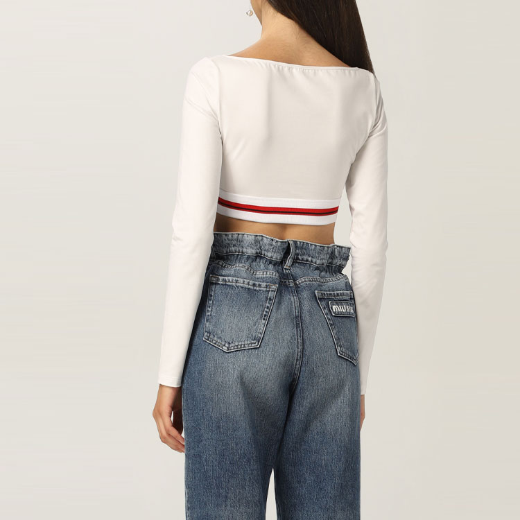 Purchase (Women) MIU MIU Logo Casual Crewneck Pullover Cropped Sweatshirt - White MJL766-1ZFU-F0009