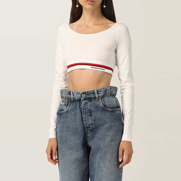 Details for (Women) MIU MIU Logo Casual Crewneck Pullover Cropped Sweatshirt - White MJL766-1ZFU-F0009