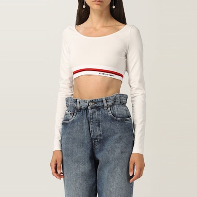 (Women) MIU MIU Logo Casual Crewneck Pullover Cropped Sweatshirt - White MJL766-1ZFU-F0009 Details for (Women) MIU MIU Logo Casual Crewneck Pullover Cropped Sweatshirt - White MJL766-1ZFU-F0009