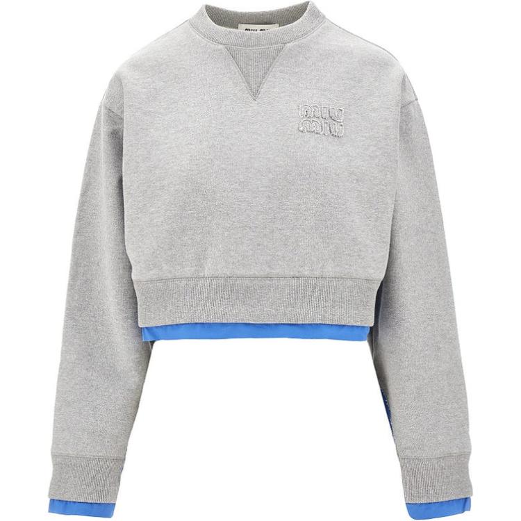 (Women) Miu Miu Logo Colorblock Cropped Crewneck Sweatshirt Grey MJL055-15WI-F0031-S-OOO
