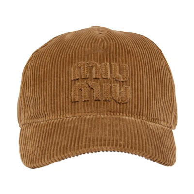 (Women) MIU MIU Logo Design Corduroy Cotton Brown Cap. MIUGF9FE