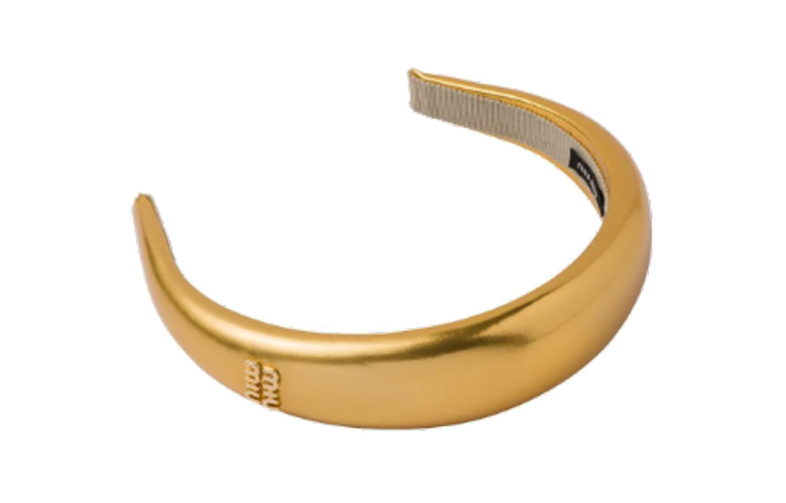 Lookbook (W) 미우미우 로고 양각 패브릭 헤어밴드 여성용 - 골드. 5IH0252F7O