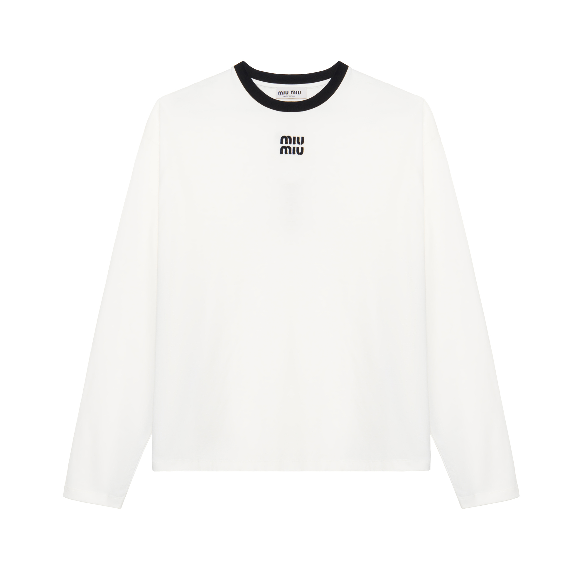 (Women) MIU MIU Logo Embroidered Relaxed Fit Long Sleeve T-Shirt Women White SS24. MJL992-14EL-F0009