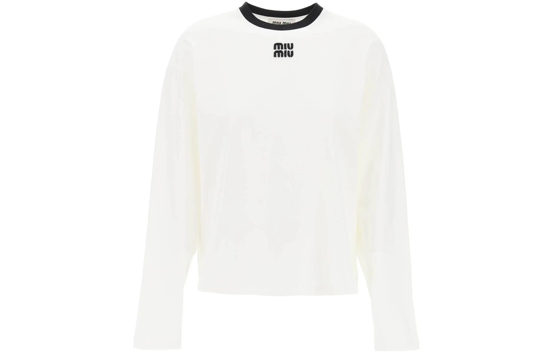 Order (Women) MIU MIU Logo Embroidered Relaxed Fit Long Sleeve T-Shirt Women White SS24. MJL992-14EL-F0009