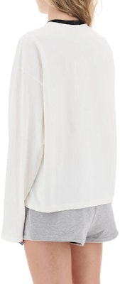 (Women) MIU MIU Logo Embroidered Relaxed Fit Long Sleeve T-Shirt Women White SS24. MJL992-14EL-F0009 Shop (Women) MIU MIU Logo Embroidered Relaxed Fit Long Sleeve T-Shirt Women White SS24. MJL992-14EL-F0009