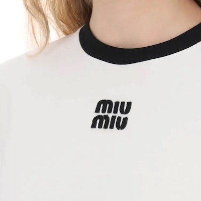 (Women) MIU MIU Logo Embroidered Relaxed Fit Long Sleeve T-Shirt Women White SS24. MJL992-14EL-F0009 Details for (Women) MIU MIU Logo Embroidered Relaxed Fit Long Sleeve T-Shirt Women White SS24. MJL992-14EL-F0009
