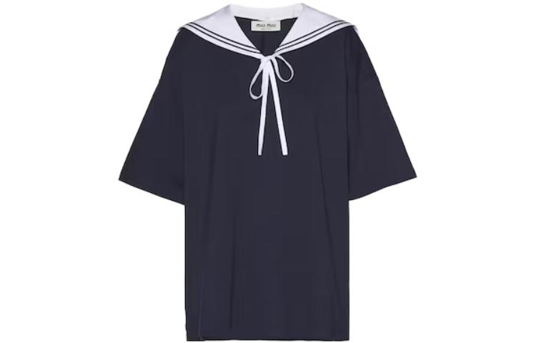 (Women) MIU MIU Logo Embroidered Striped Navy Collar T-Shirt Blue Women SS23. MJN461-11EC-F0008-S-231