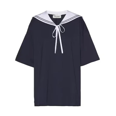 (Women) MIU MIU Logo Embroidered Striped Navy Collar T-Shirt Blue Women SS23. MJN461-11EC-F0008-S-231