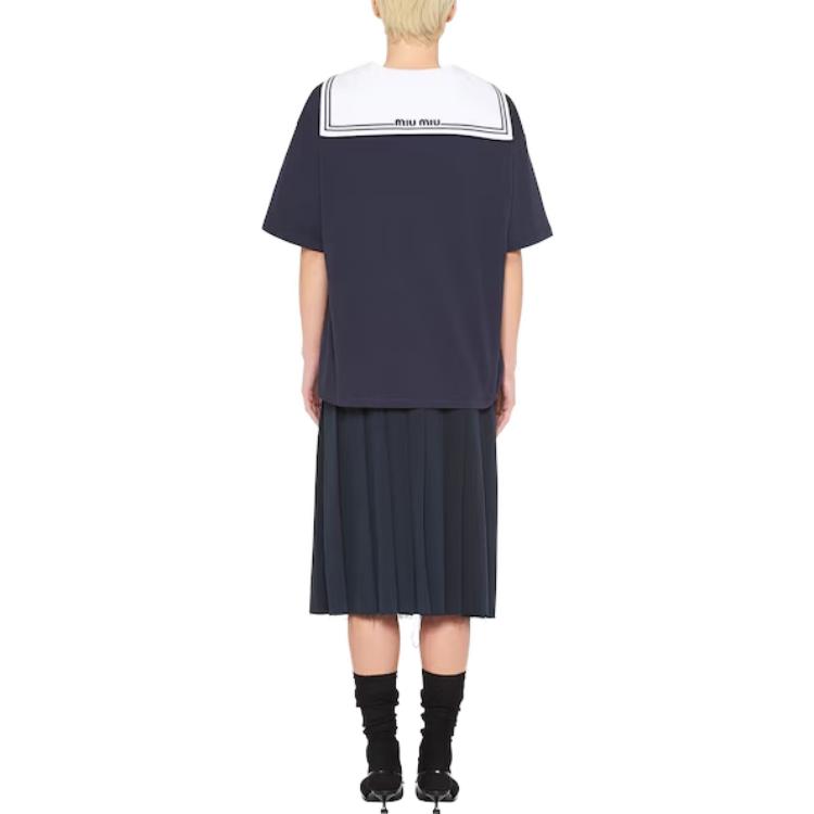 Shop (W) MIU MIU 刺繡標誌條紋海軍領T恤 藍色 女款 SS23 MJN461-11EC-F0008-S-231