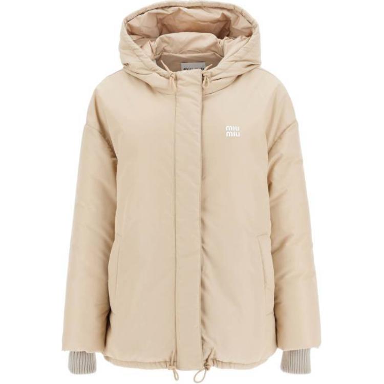(Women) MIU MIU Logo Hooded Zip-Up Jacket Beige  Long Sleeve Outerwear. ML1080-13FM-F0065