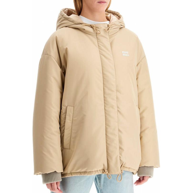 Lookbook (Women) MIU MIU Logo Hooded Zip-Up Jacket Beige  Long Sleeve Outerwear. ML1080-13FM-F0065