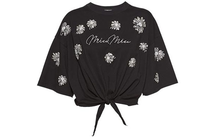 (Women) MIU MIU Logo Print Black Crew Neck Short Sleeve T-Shirt. MJN338-10C3-F0002