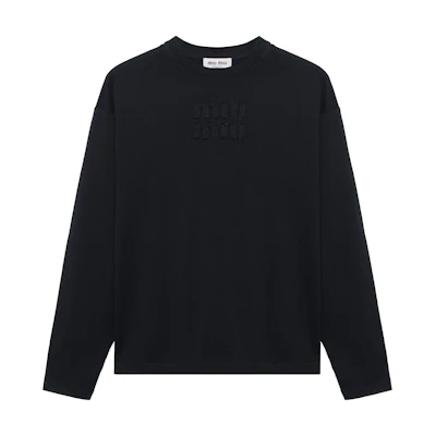(Women) MIU MIU Logo Print Crewneck Long Sleeve Casual T-Shirt Women’s Black. MJL862-1YXT-F0002-S-232