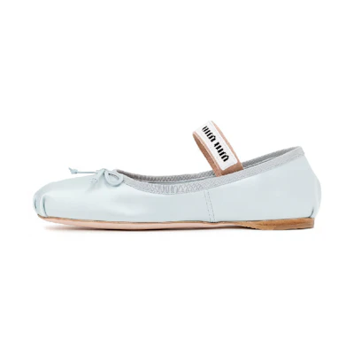 (W) MIU MIU Logo Strap Satin Flats 'Light Blue'