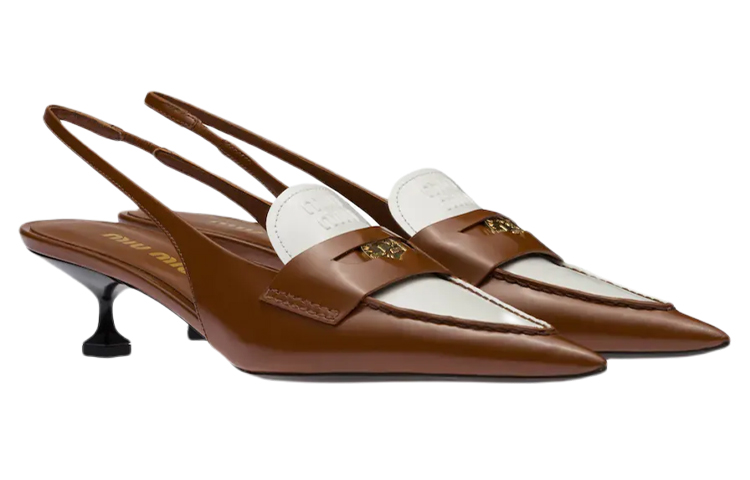 Lookbook (W) MIU MIU Sandal Kulit Tumit Rendah 'Putih dan Coklat' 5D774D_AZE_F070D_F_045