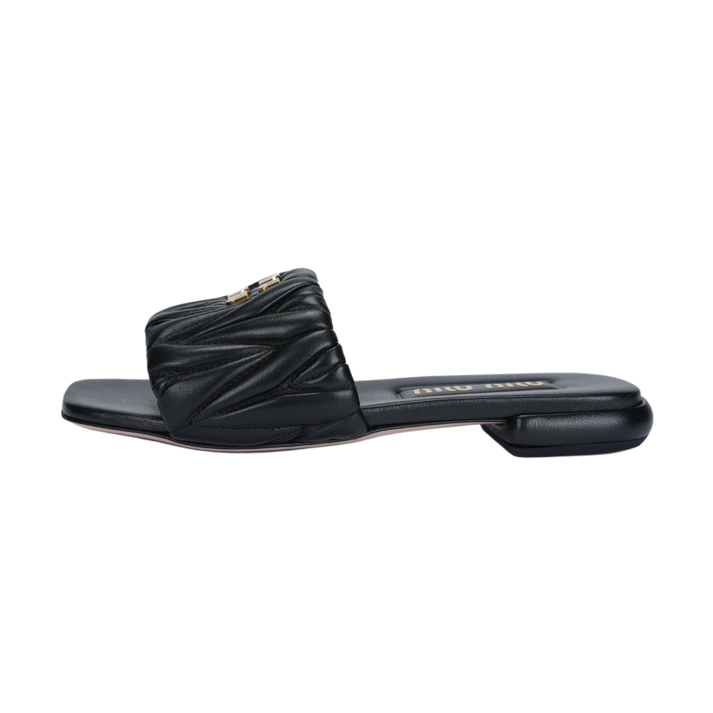 (Women) MIU MIU Matelassé Open-Toe Slide Sandals Black 5XX605_88T_F0002