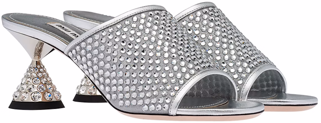 (W) Sandal Kain Jaring MIU MIU dengan Hiasan Kristal Palsu 'Silver' 5XX539_3LJ4_F0118_F_065 Order (W) Sandal Kain Jaring MIU MIU dengan Hiasan Kristal Palsu 'Silver' 5XX539_3LJ4_F0118_F_065