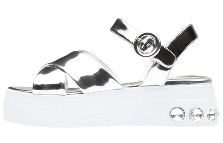(W) MIU MIU Metallic Leather Sandals 'Crystal Embellished - Silver'
