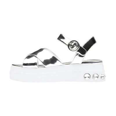 (W) MIU MIU Metallic Leather Sandals 'Crystal Embellished - Silver'
