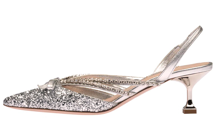(W) MIU MIU Open Heel High Heels 'Silver Sequin'