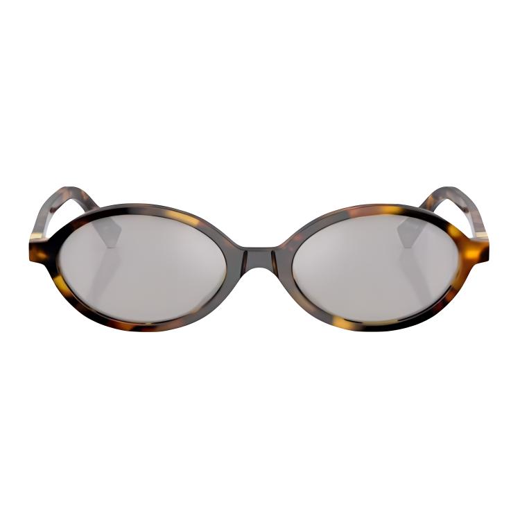 Lookbook (W) Cermin Mata MIU MIU Oval Tortoiseshell Wanita dengan Bingkai Bercetak Huruf. MU-04ZSF-VAU07F