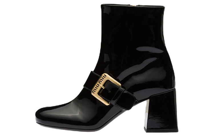 (W) MIU MIU Patent Leather Boots 'Black Logo Buckle'