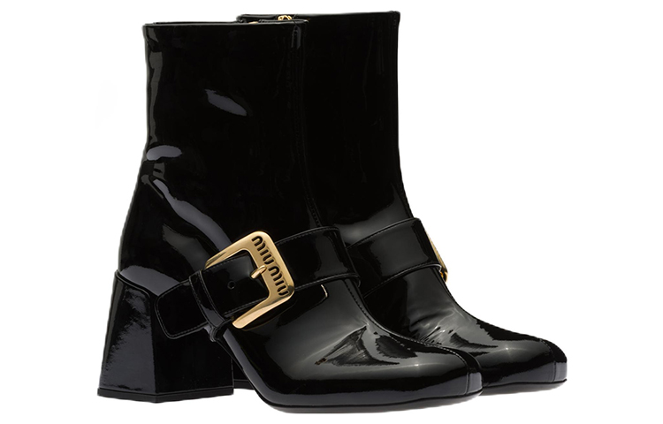 (W) MIU MIU Patent Leather Boots 'Black Logo Buckle' 圖 2