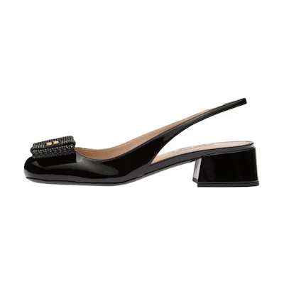 (W) MIU MIU Patent Leather Buckle Round Toe Chunky Heel Slide 'Black Fashion'