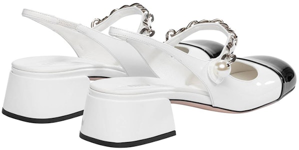 (W) 缪缪2023珍珠细节黑白漆皮链条高跟鞋 5I460D_ZHV_F0964_F_DX35 Purchase (W) 缪缪2023珍珠细节黑白漆皮链条高跟鞋 5I460D_ZHV_F0964_F_DX35